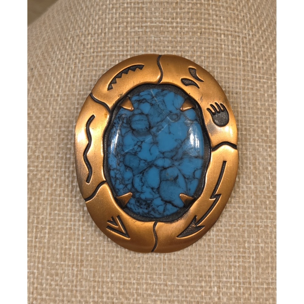 Vintage Solid Copper Faux Turquoise Bell Trading Co Bolo Tie Buckle Southwestern